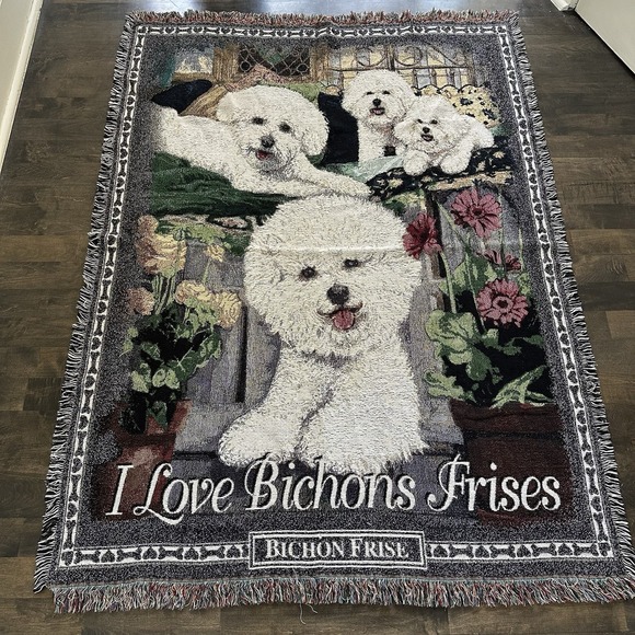 Danbury Mint I LOVE BICHONS FRISES Throw Tapestry Blanket Dog Knit USA Made
